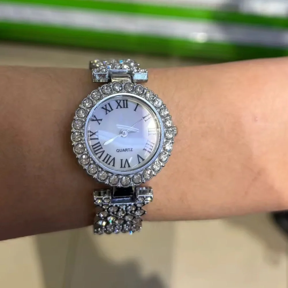 Roman Elegant Silver Crystal Bracelet Watch